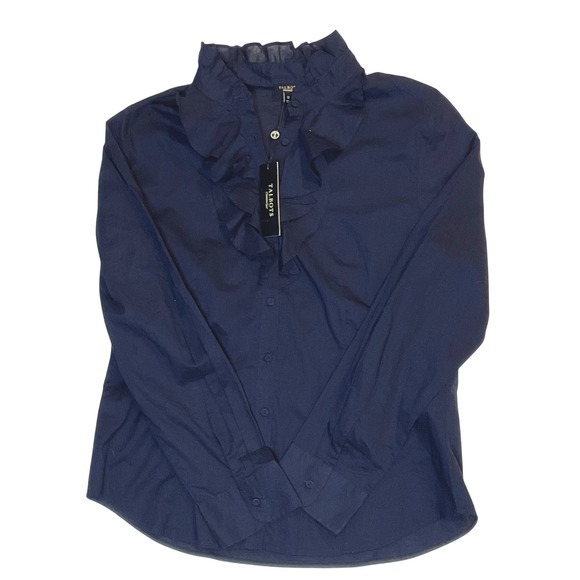Talbots Tops - TALBOTS women's blouse navy ruffle long sleeve shirt button lightweight 12 NWT